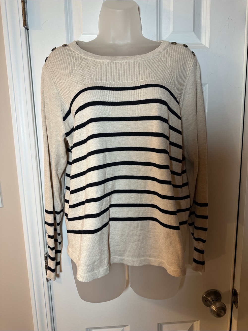 Liz Claiborne Cream and Black Striped Boatneck Sweater